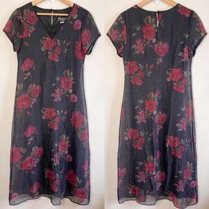 Vintage Y2K 90s Black V-Neck Floral Dress Size 8